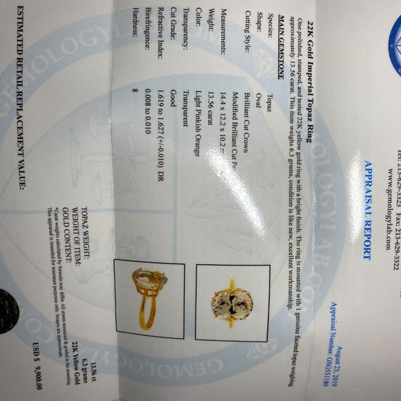 Certified Imperial Topaz 13.56ct Solid 22K Ring - Picture 8 of 8